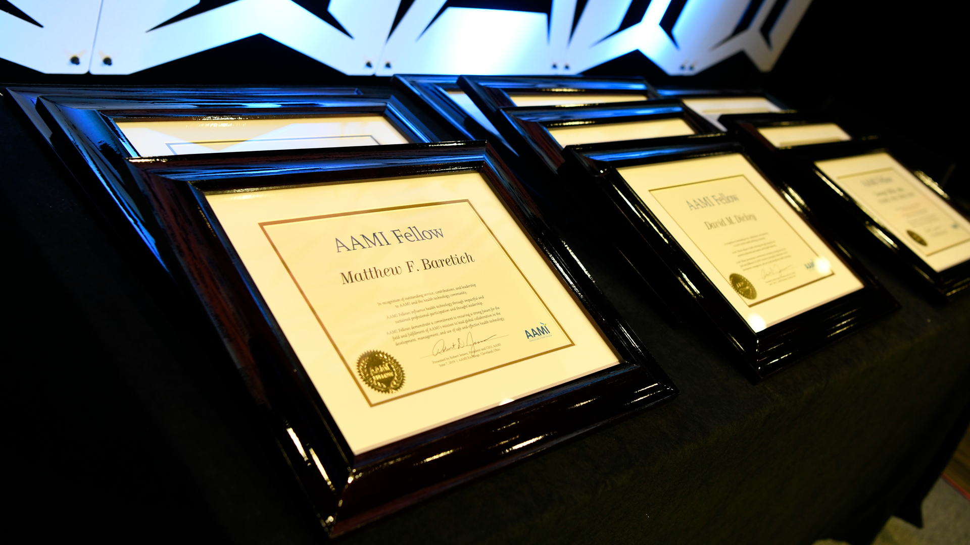 1633-AAMI-Exchange-2019---FellowsAwards_Cropped AAMI Fellows plaques ready to be presented to the 2019 AAMI Fellows.