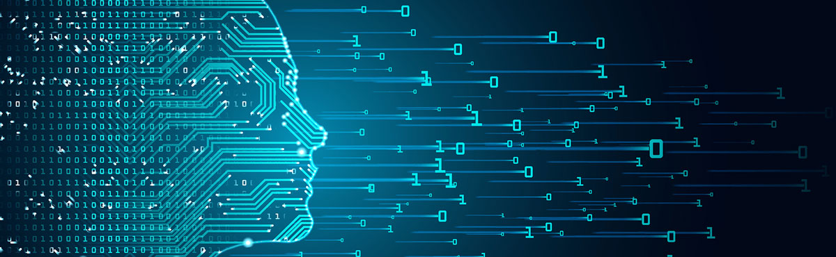 A face made up of 1s and 0s represents AI