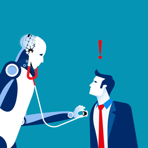 Cartoon of a robot doctor examining a surprised man