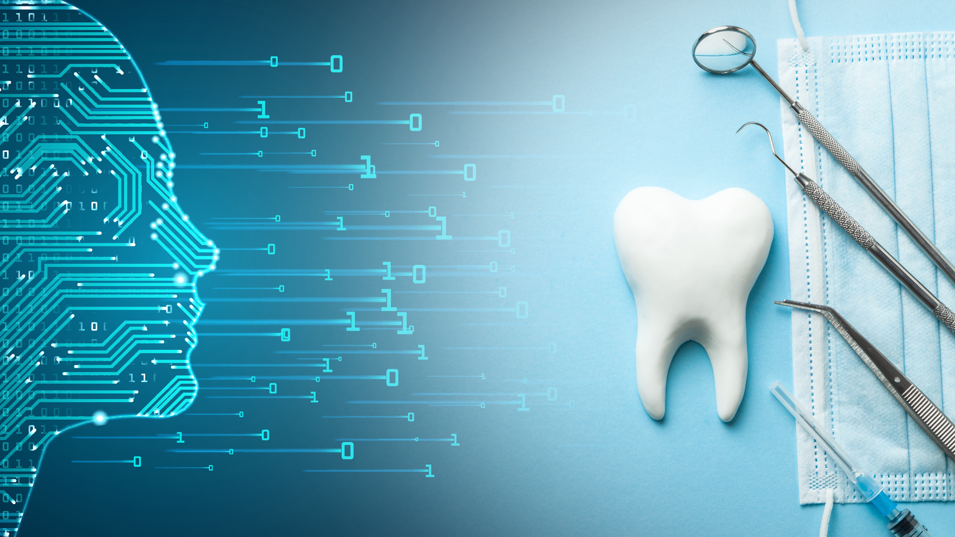 A human face made up of binary code faces an assortment of dental instruments.