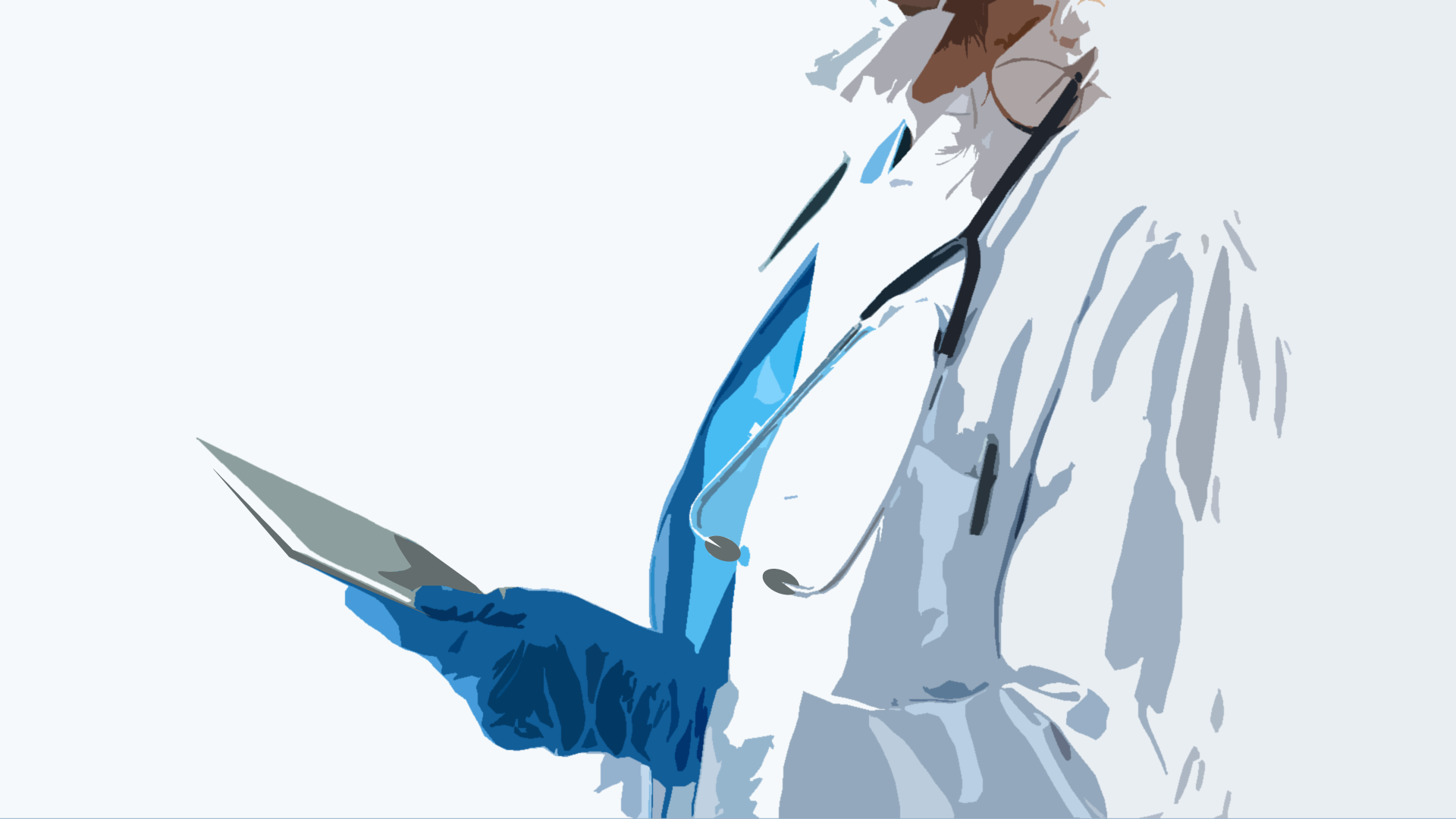 Doctor_Tablet_Facemask_Gloves_356617485_Stylized A doctor in face mask and gloves interacts with a tablet.