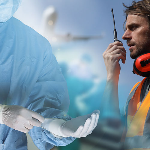 A surgeon puts on gloves in a surgery room next to an air traffic controller 