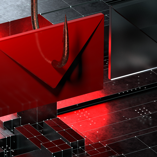 A rusty hook on a red email envelope to represent a phishing attack.