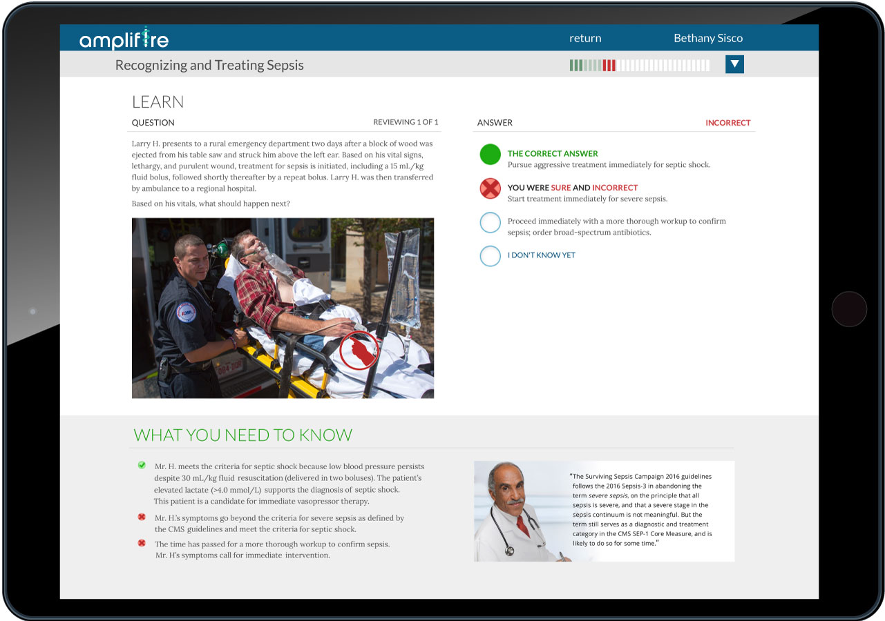 A picture of a tablet showcasing Amplifire's online training for medical professionals.