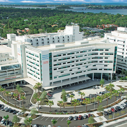 An aerial view of the Sarasota Memorial Health campus.