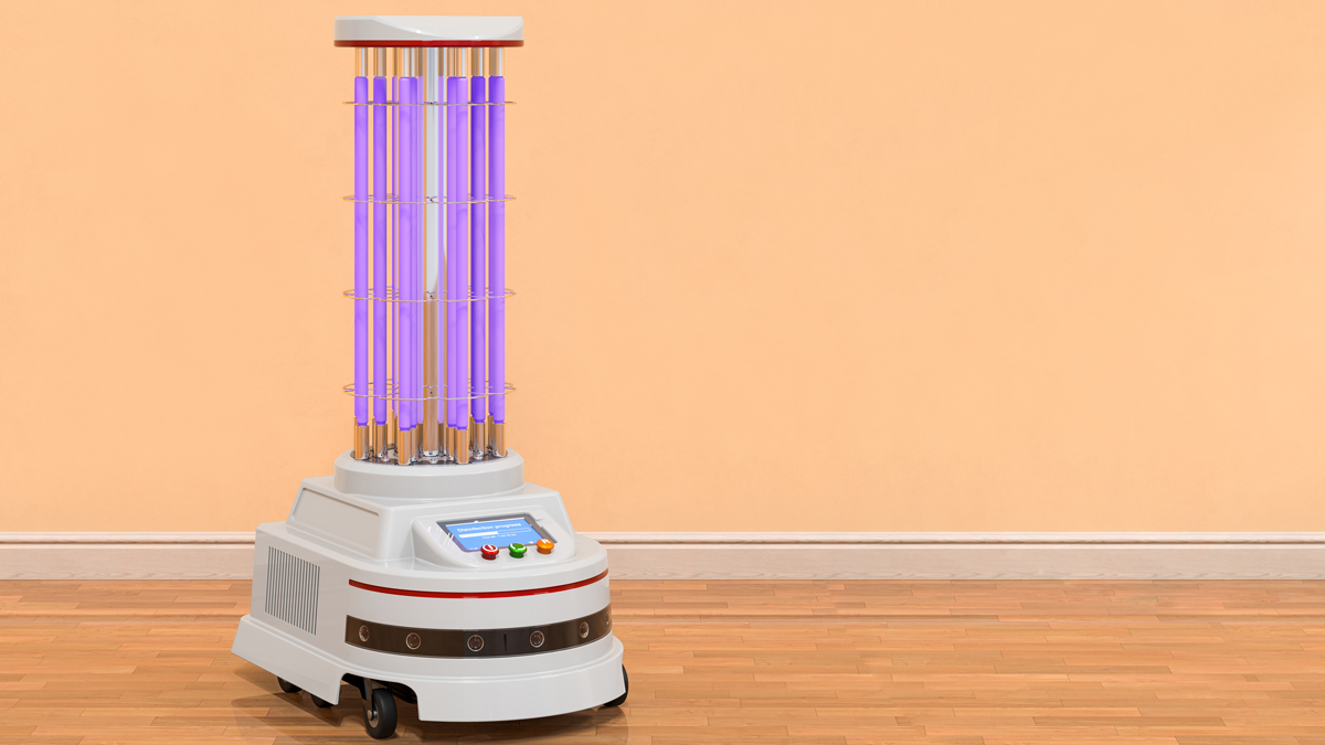 SterlizationBot_364149738 A robot designed for disinfecting surfaces using UV-C radiation